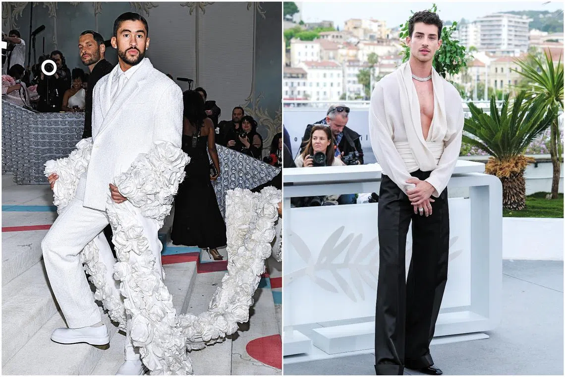 Puerto Rican rapper Bad Bunny (left) in a backless blazer with a flowing floral stole and Spanish actor-singer Manu Rios in a plunging silk blouse.
