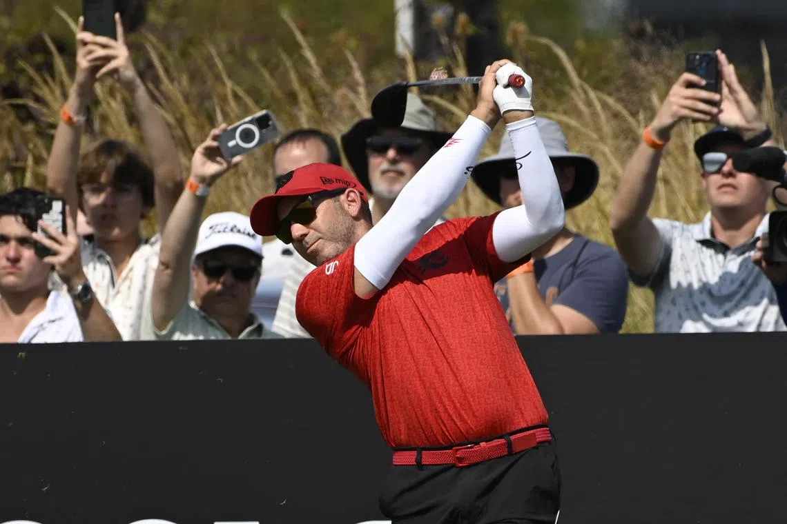 FILE PHOTO: Sep 15, 2024; Bolingbrook, Illinois, USA; Sergio Garcia of the Fireballs GC  tees off on the second hole during the final round of the LIV Golf Chicago tournament at Bolingbrook Golf Club. Mandatory Credit: Matt Marton-Imagn Images/File photo