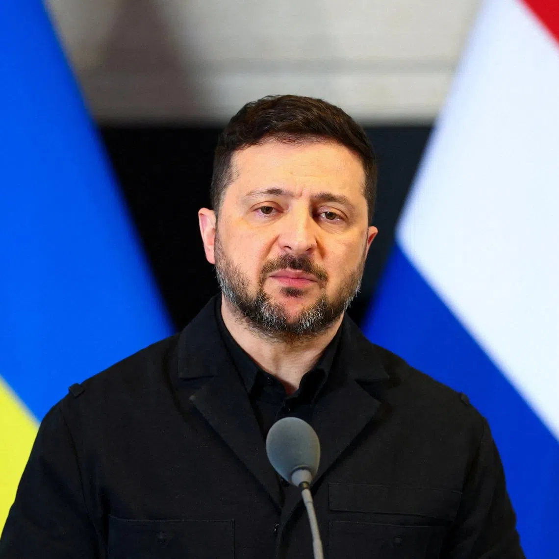 FILE PHOTO: Ukraine's President Volodymyr Zelenskiy attends a press conference with Dutch Prime Minister Rob Jetten (not pictured), after the Four Freedoms Awards ceremony, in Middelburg, Netherlands, April 16, 2026. REUTERS/Piroschka van de Wouw/File Photo