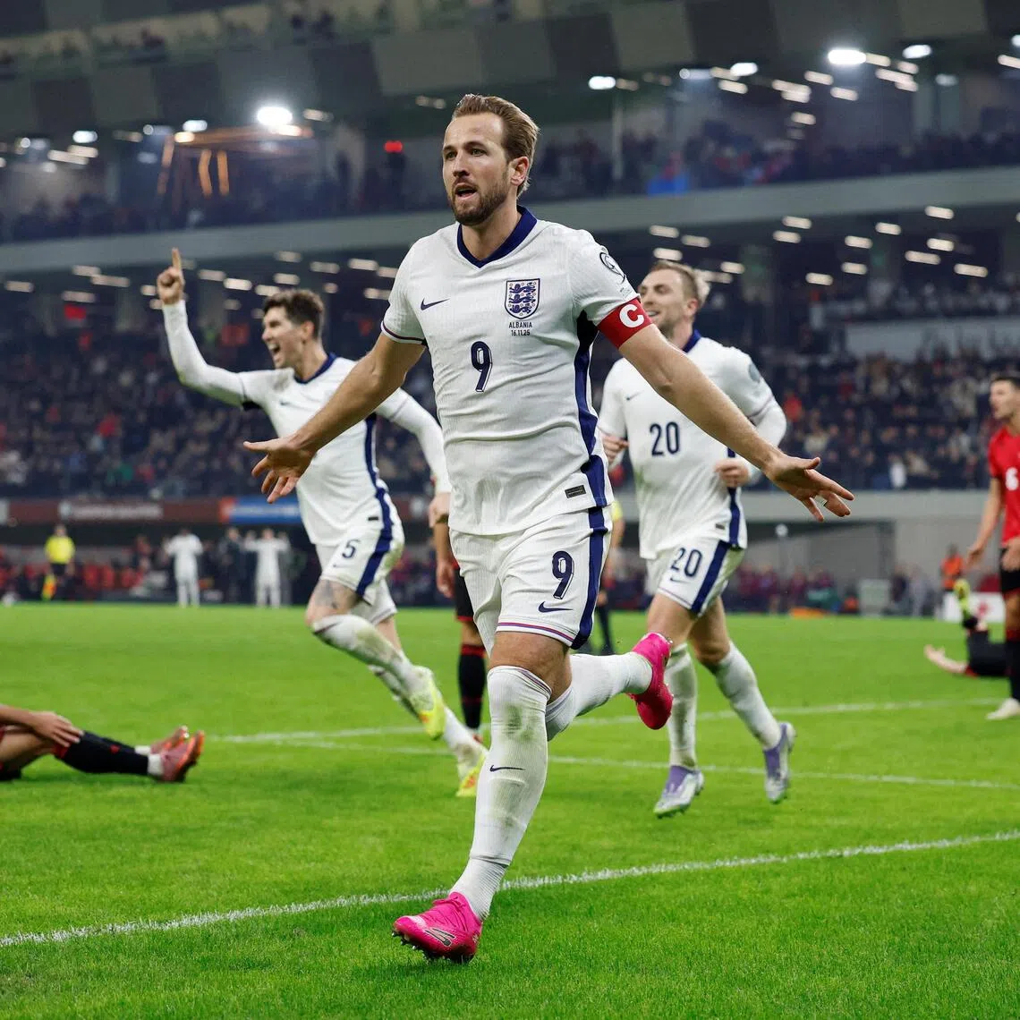 England's Harry Kane celebrates scoring their first goal in the 2-0 win over Albania.
