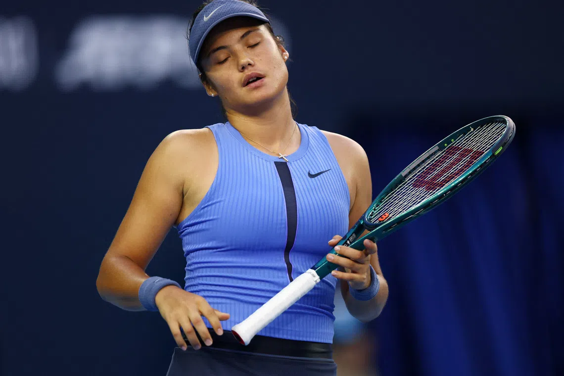 Tennis - China Open - The Beijing Olympic Green Tennis Center, Beijing, China - September 29, 2025 Britain's Emma Raducanu reacts during her round of 32 match against Jessica Pegula of the U.S. REUTERS/Tingshu Wang