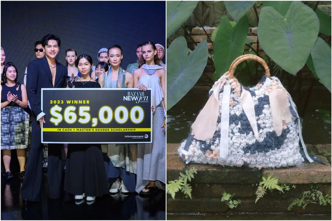 Harper's Bazaar editor-in-chief Kenneth Goh with award winner Lim Su Hui (centre). The judges chose the eco-friendly and sustainable collection named Homeland (right) from the designer's label byu.