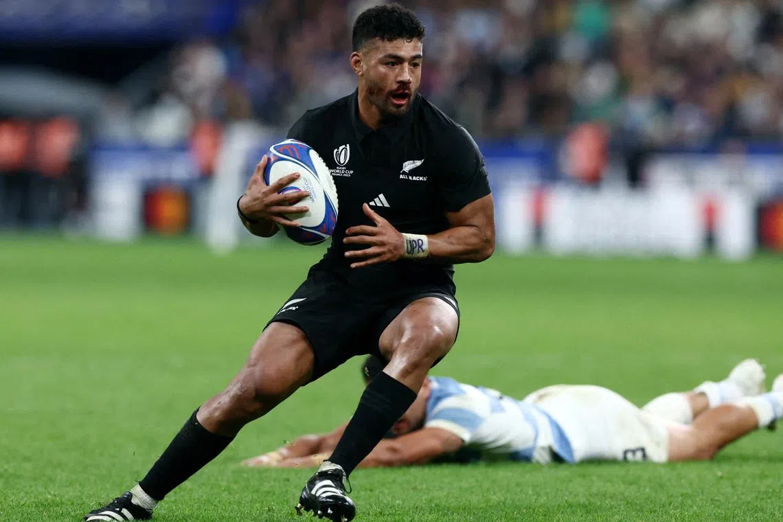 FILE PHOTO: Rugby Union - Rugby World Cup 2023 - Semi Final - Argentina v New Zealand - Stade de France, Saint-Denis, France - October 20, 2023 New Zealand's Richie Mo'unga in action REUTERS/Stephanie Lecocq/File Photo