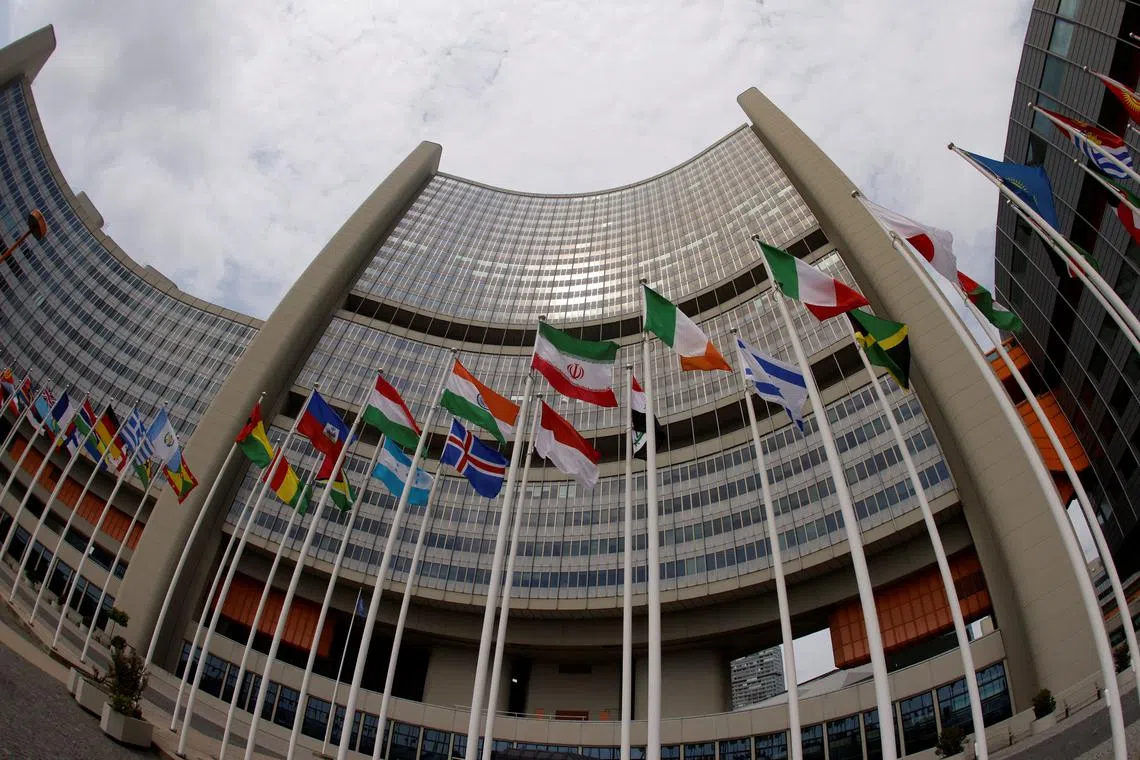 The Iranian and other flags flutter in front of the International Atomic Energy Agency (IAEA) organisation's headquarters in Vienna, Austria, June 5, 2023. REUTERS/Leonhard Foeger/File Photo