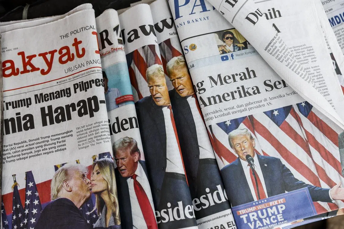 epa11706597 The front page of Indonesian newspapers shows pictures of US President-Elect Donald J. Trump following the US Presidential election in Jakarta, Indonesia, 07 November 2024. Republican presidential candidate Donald J. Trump was declared the winner of the 2024 US presidential election over Democratic presidential candidate US Vice President Kamala Harris.  EPA-EFE/MAST IRHAM