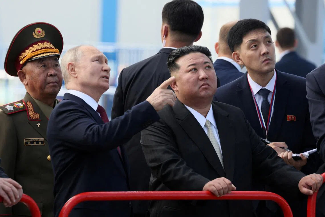 FILE PHOTO: Russia's President Vladimir Putin and North Korea's leader Kim Jong Un visit the Vostochny Сosmodrome in the far eastern Amur region, Russia, September 13, 2023. Sputnik/Mikhail Metzel/Kremlin via REUTERS/File Photo