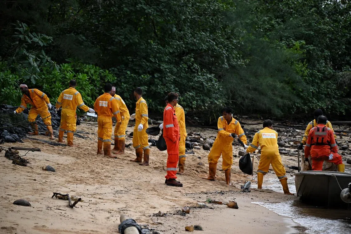 ST20240821_202402000443 Kua Chee Siong/ eloil/
Featuring site supervisors and migrant workers who helped with the clean-up at East Coast Park beaches on Aug 21, 2024, for a behind-the-scenes story on the unsung heroes of the oil spill clean up.