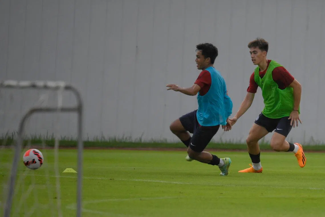 Harhys Stewart (right) in action during national football training at Kallang Football Hub on June 12, 2023.
