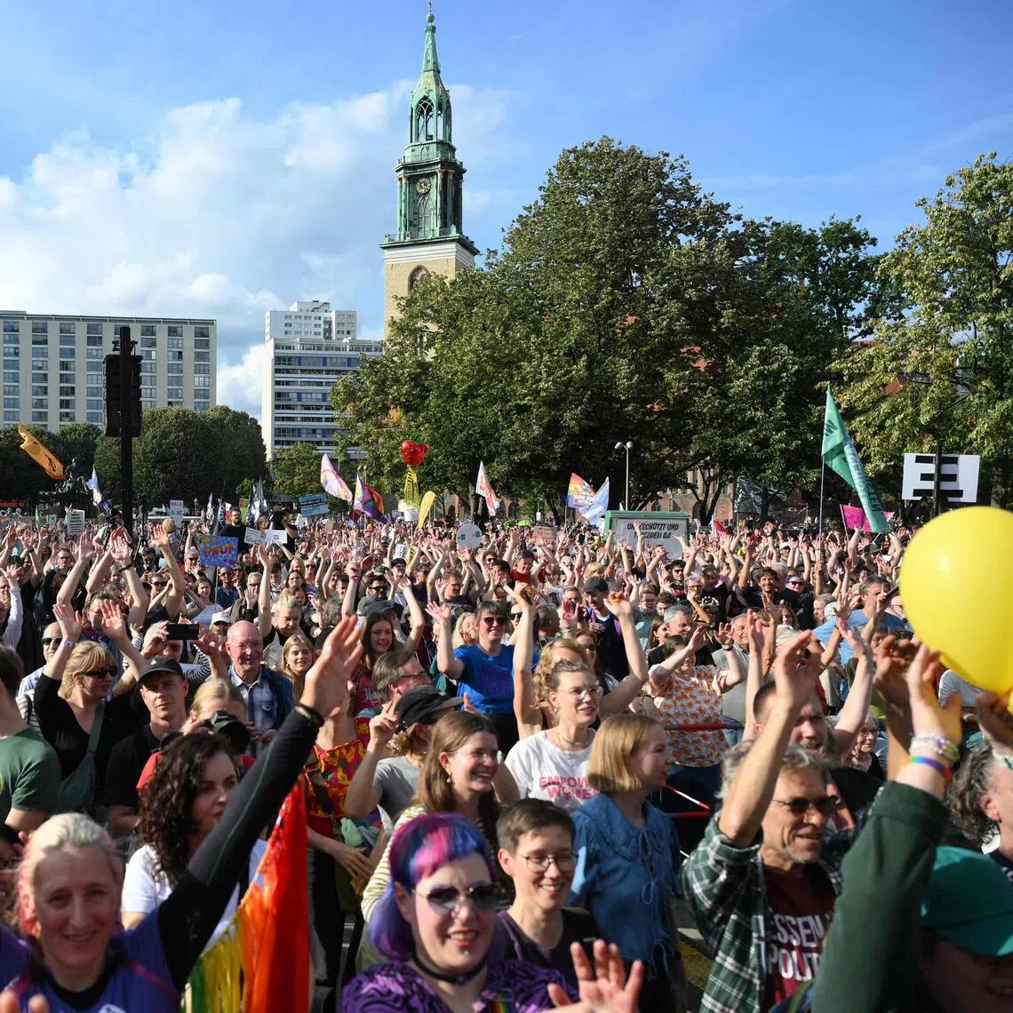 People protesting against Germany’s far-right AfD party in Berlin on Sept 12, after the party won the eastern state of Saxony-Anhalt by a landslide on Sept 6.