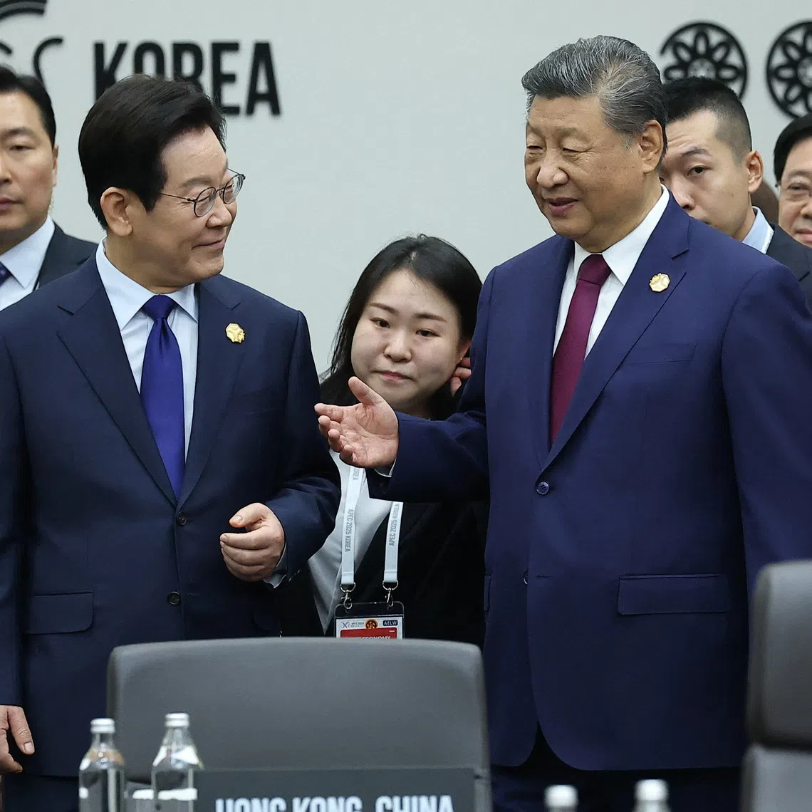 China's President Xi Jinping talks with South Korea's President Lee Jae Myung during the Asia-Pacific Economic Cooperation (APEC) summit in Gyeongju, South Korea, October 31, 2025.   Yonhap via REUTERS