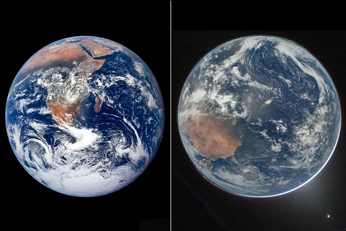 One planet, 54 years apart: Nasa posted two views of Earth from space. The left view is from the Apollo 17 crew in 1972 and the right was taken on April 3, 2026 by the Artemis II crew.