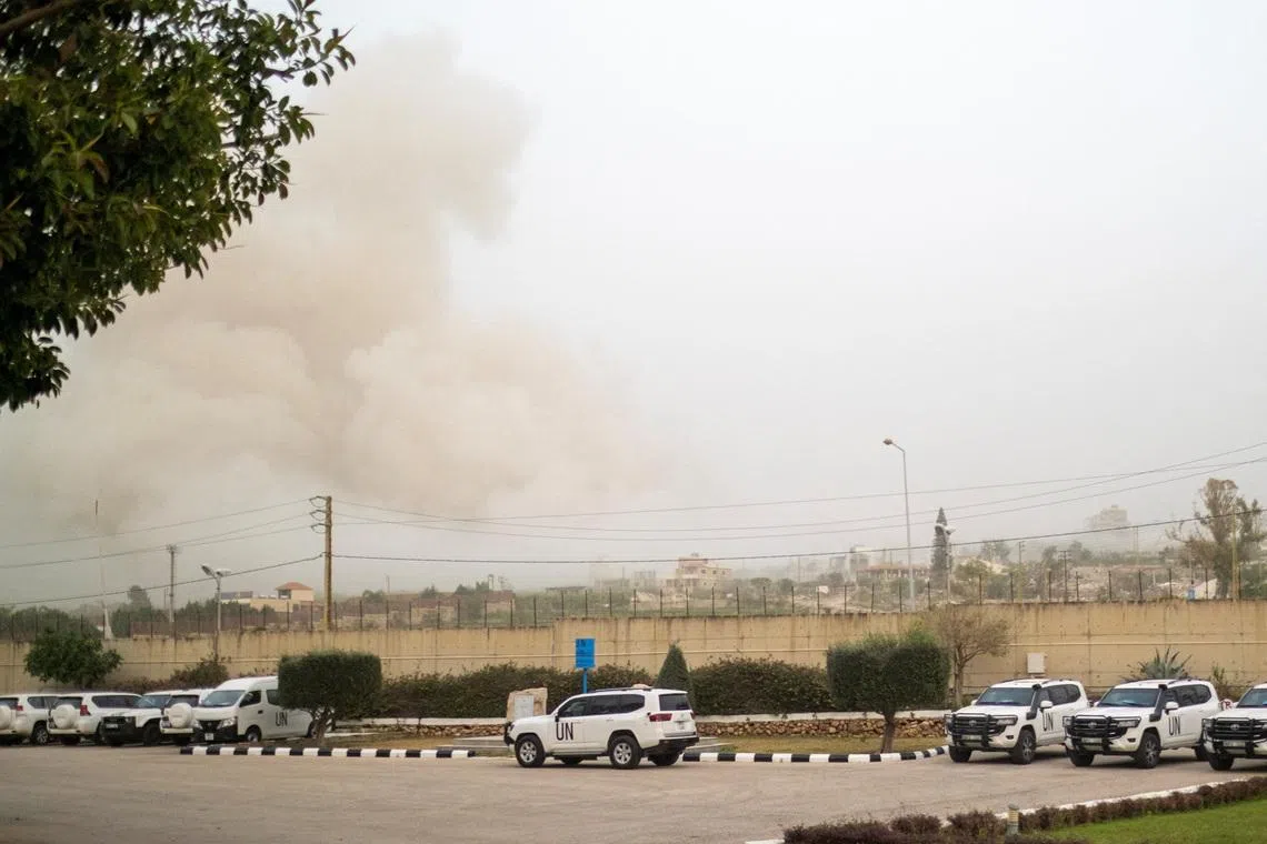 Dust rises following the demolition of buildings by Israeli forces, according to UNIFIL, in Naqoura, southern Lebanon, April 3, 2026. Kandice Ardiel (UN)/Handout via REUTERS