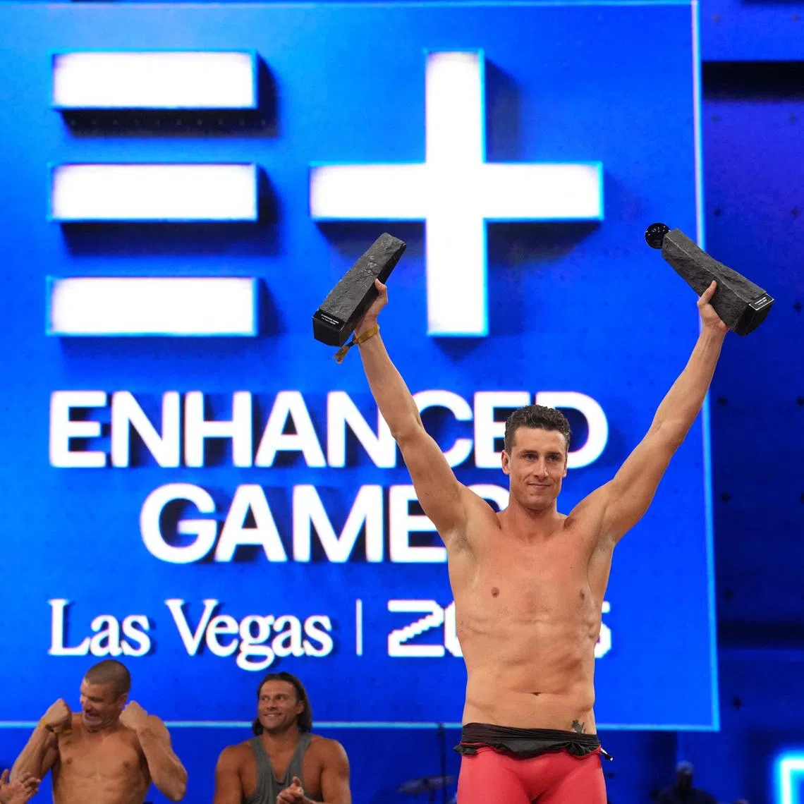May 24, 2026; Las Vegas, NV, USA; Kristian Gkolomeev (GRE) poses after setting a world record in the 50m freestyle of 21.81 during the Enhanced Games at Resorts World Las Vegas. Mandatory Credit: Kirby Lee-Imagn Images