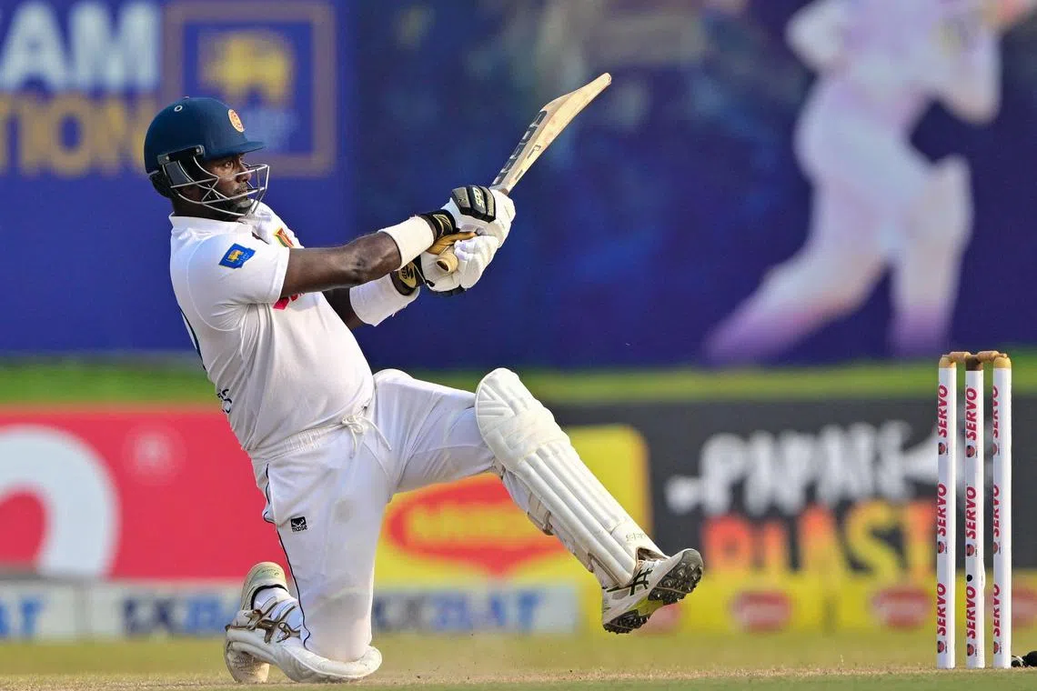 Sri Lanka's Angelo Mathews plays a shot on  the third day of the second Test against Australia at the Galle International Cricket Stadium on Feb 8, 2025.