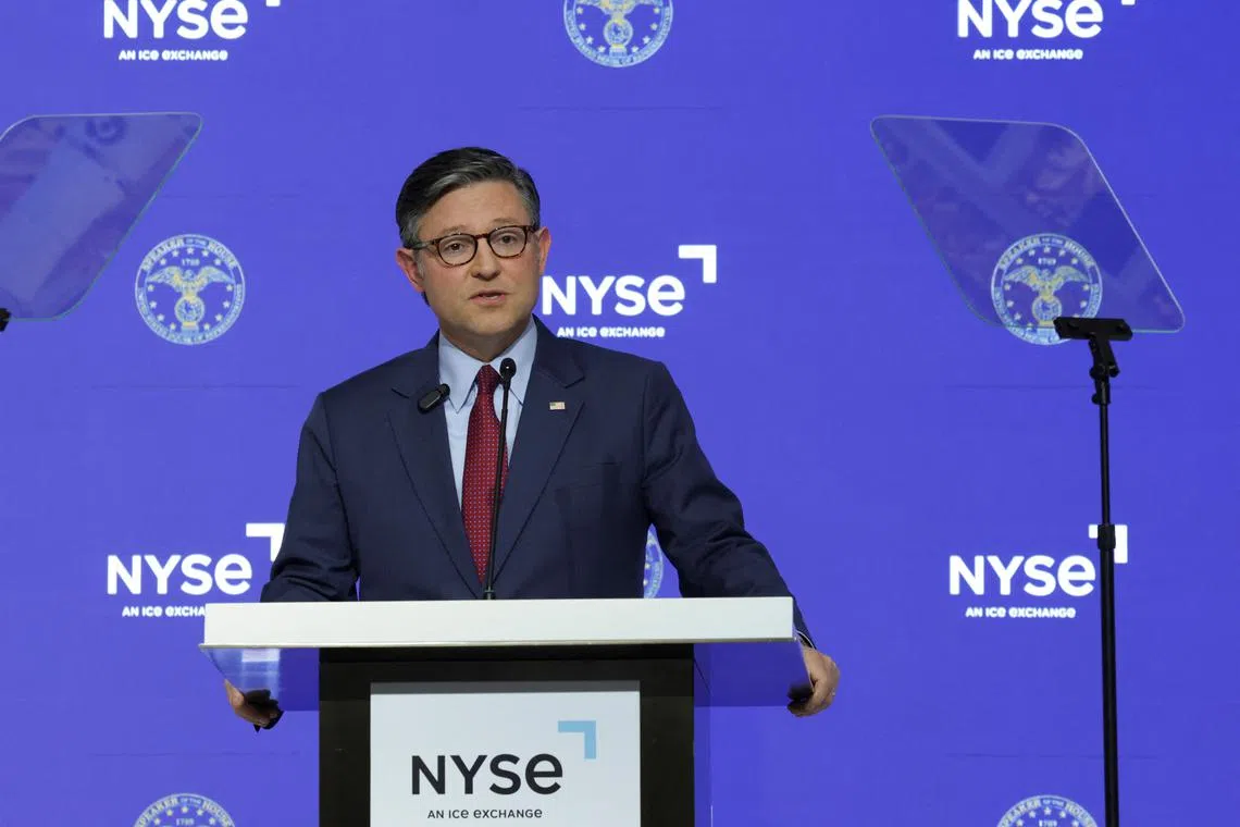 FILE PHOTO: Mike Johnson, Speaker of the House, speaks as he visits the New York Stock Exchange to deliver an economic address, in New York City, U.S., October 1, 2024. REUTERS/Kent J. Edwards/File Photo