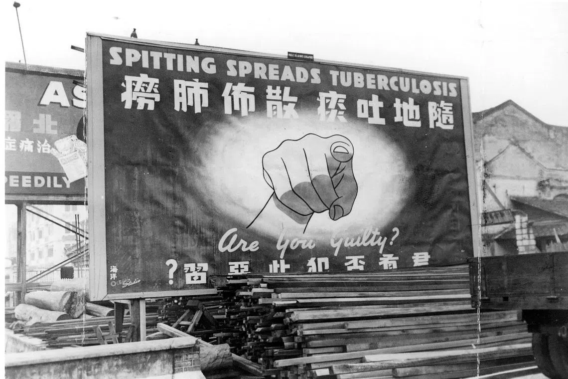 One of the three posters which the Government of Singapore has erected in thickly-populated areas to warn people against spitting and spreading tuberculosis. It is in Newbridge Road.