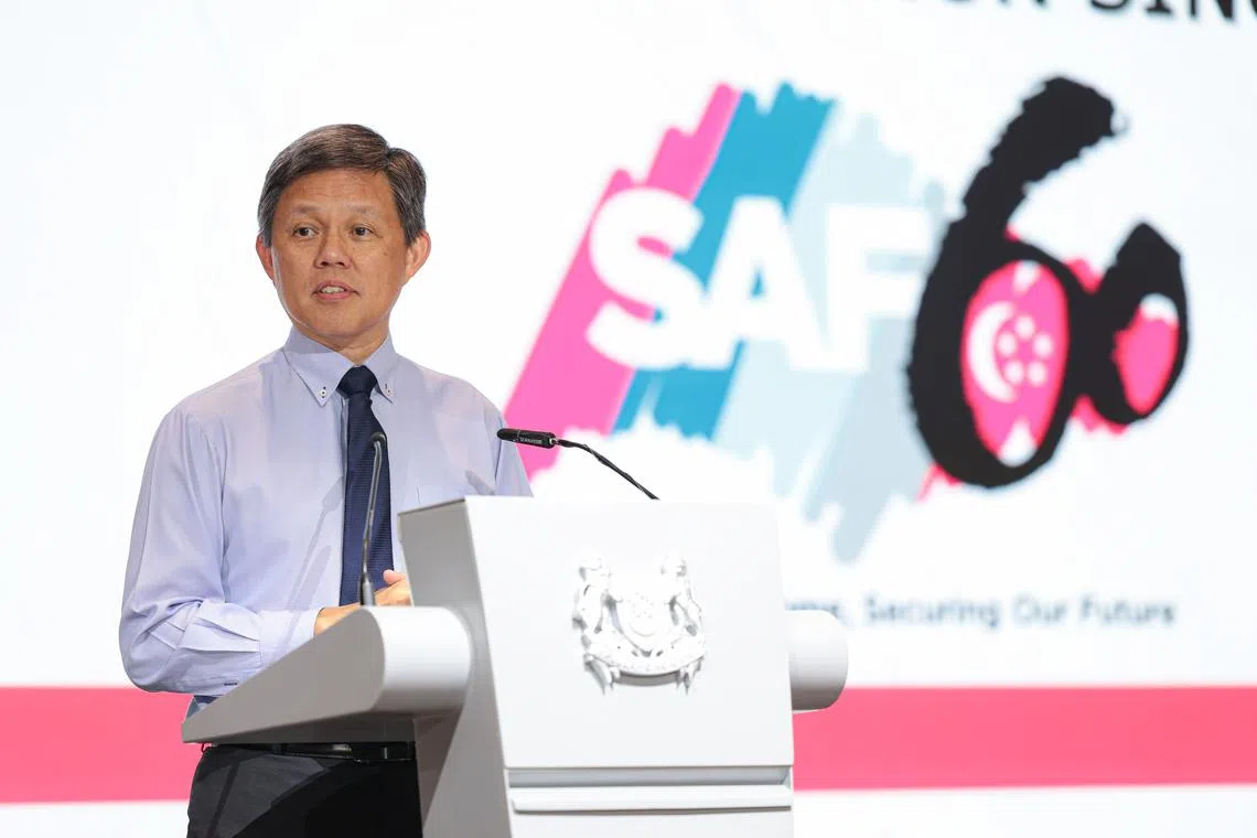 Defence Minister Chan Chun Sing speaking at the Mindef volunteers' dinner at Paradox Singapore Merchant Court on July 24.