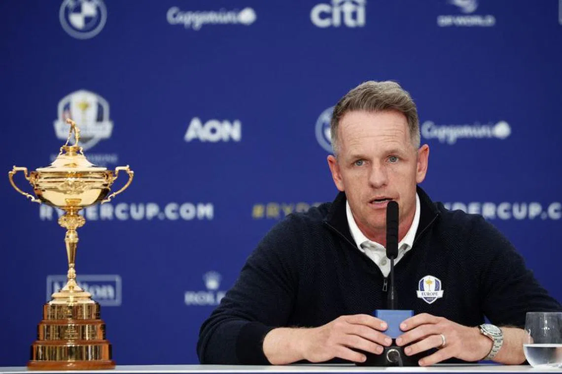 Golf - The 2023 Ryder Cup - Marco Simone Golf &amp; Country Club, Rome, Italy - September 25, 2023 Team Europe captain Luke Donald during a press conference as the Ryder Cup trophy is seen REUTERS/Guglielmo Mangiapane