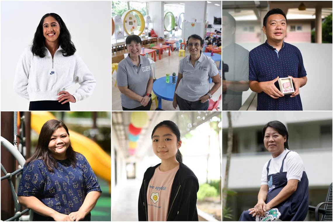 ST’s Singaporean of the Year award nominees (clockwise from top left) Shanti Pereira, Geraldine Lee and Ronita Paul, Herman Sing, Sandy Goh Siew Hua, Chng Rui Jie and Priscilla Ong.
