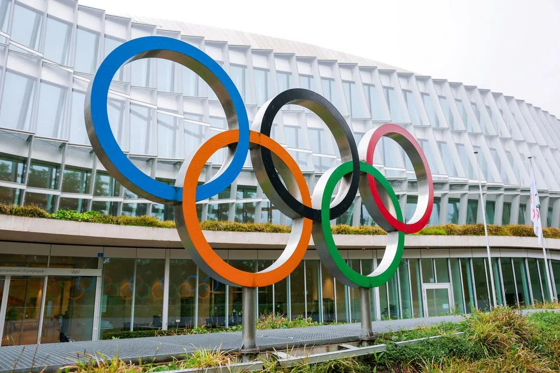 Olympic rings in front of the International Olympic Committee (IOC), during an Executive Board meeting at the Olympic House in Lausanne, Switzerland, May 6, 2026. REUTERS/Denis Balibouse/File Photo