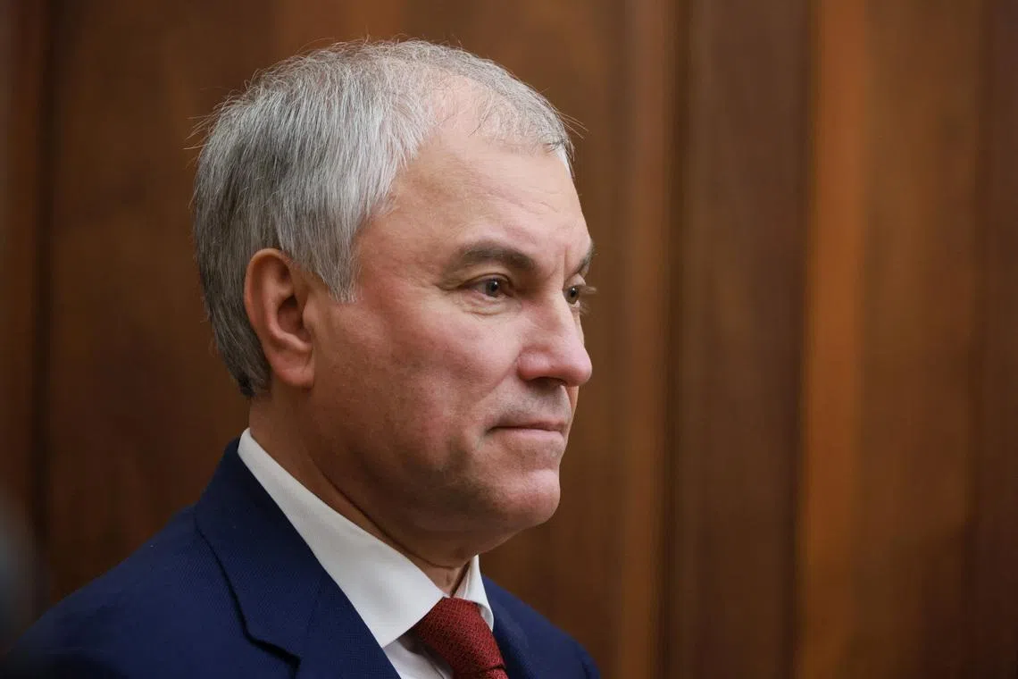 Russian State Duma Speaker Vyacheslav Volodin attends a meeting with President Vladimir Putin at the Kremlin in Moscow, Russia December 23, 2025. Sputnik/Mikhail Metzel/Pool via REUTERS/File Photo