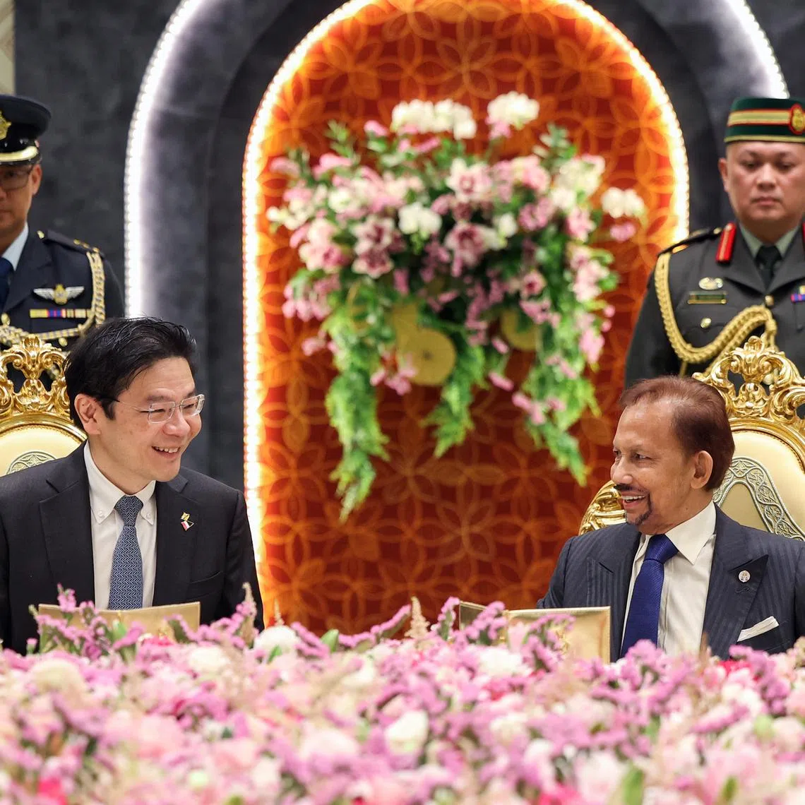 PM Lawrence Wong (left) at lunch with Brunei Sultan Hassanal Bolkiah in Brunei on Nov 3, 2025.