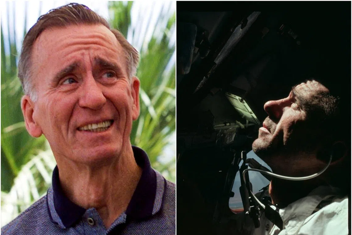 Astronaut Walter Cunningham at the Apollo 11 mission celebration in 1999 (left), and during the Apollo 7 mission in October 1968. 
