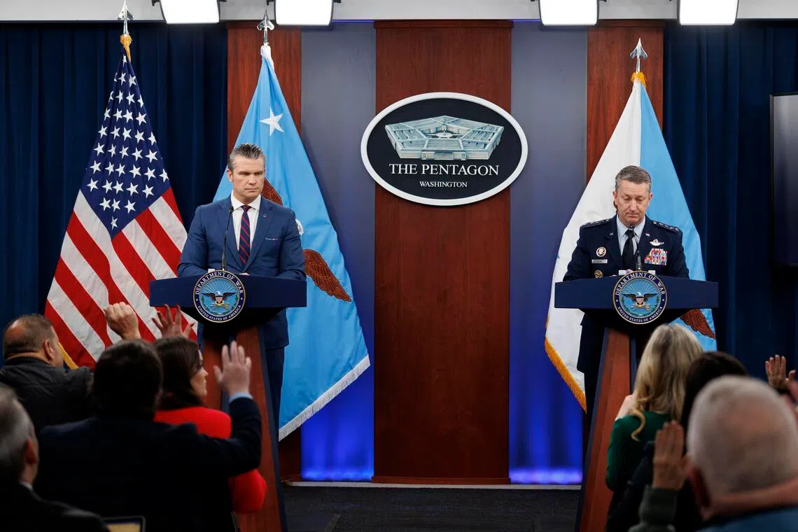 US Secretary of Defence Pete Hegseth (left) and Chairman of the Joint Chiefs of Staff Dan Caine delivering a press briefing at the Pentagon, on March 2.