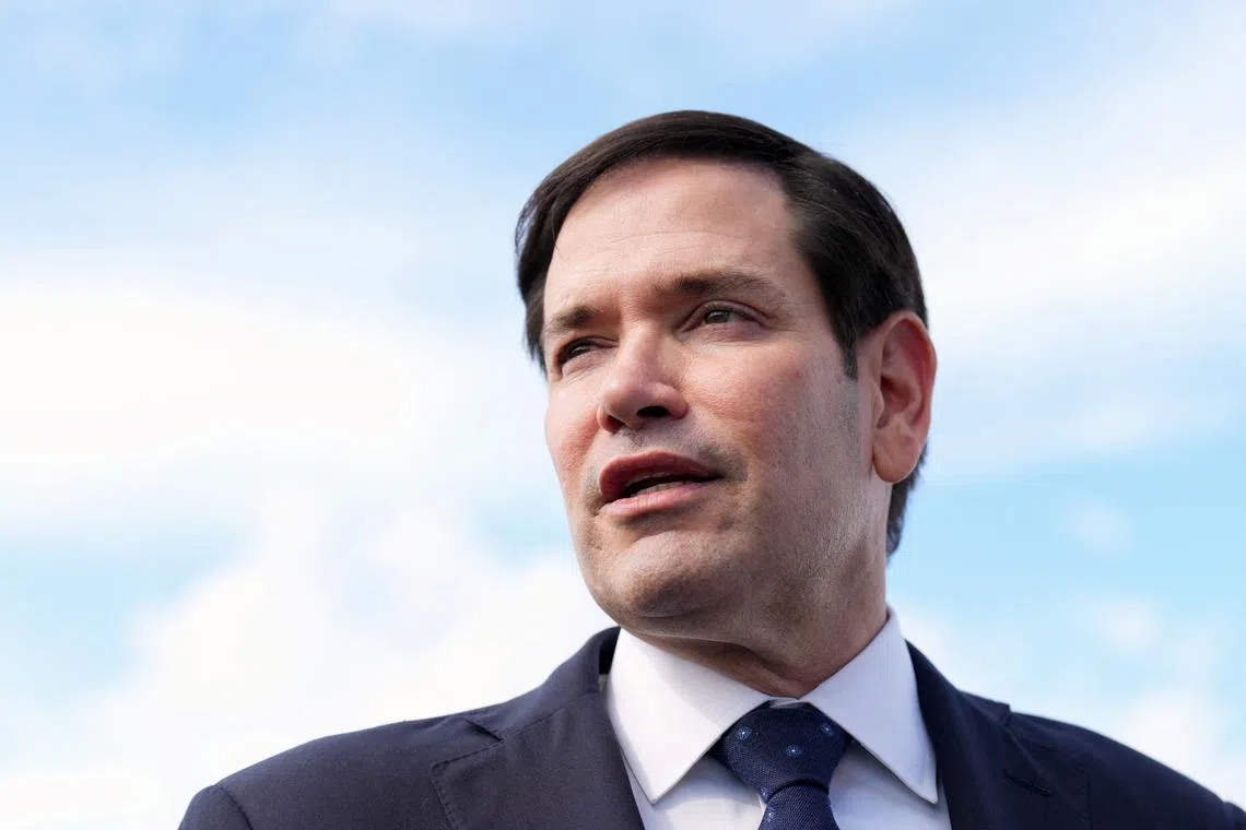 FILE PHOTO: U.S. Secretary of State Marco Rubio speaks to reporters before boarding his plane at Homestead Air Reserve Base in Homestead, Florida, U.S., September 2, 2025. Jacquelyn Martin/Pool via REUTERS/ File Photo