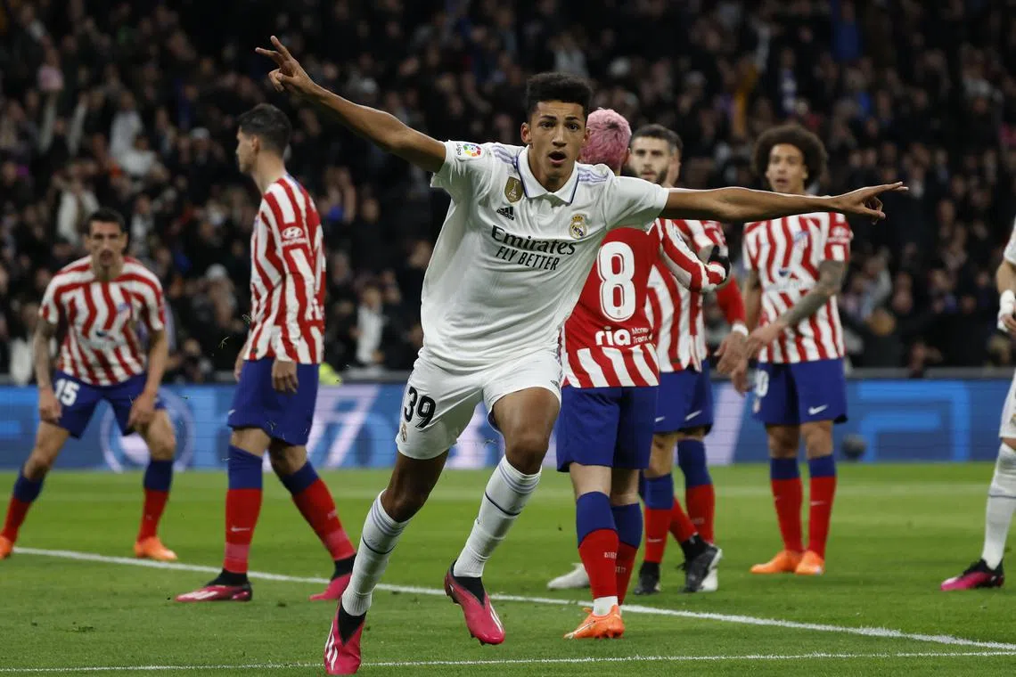 epa10491176 Real Madrid's Alvaro Rodriguez celebrates after scoring the 1-1 equalizer during the Spanish LaLiga soccer match between Real Madrid and Atletico Madrid, in Madrid, Spain, 25 Ferbuary 2023.  EPA-EFE/JUANJO MARTIN
