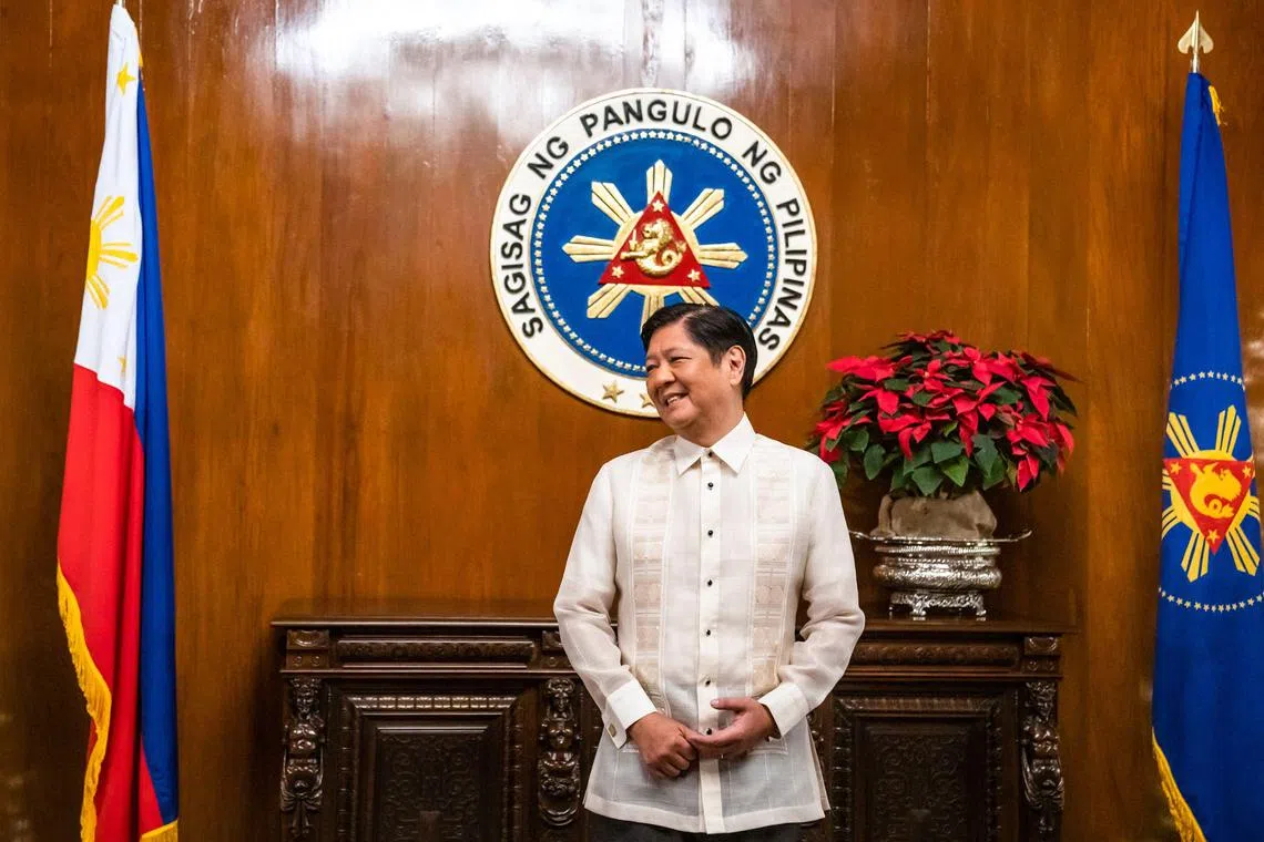 Philippines President Ferdinand "Bongbong" Marcos Jr waits to meet US Vice President at Malacanang Palace in Manila on November 21, 2022. (Photo by Haiyun Jiang / POOL / AFP)