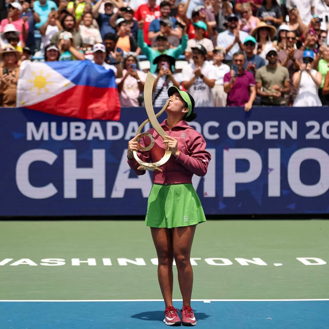 Alexandra Eala (pictured) stunned top seed Jessica Pegula 4-6 6-4 6-0 to win a WTA Tour-level singles title.