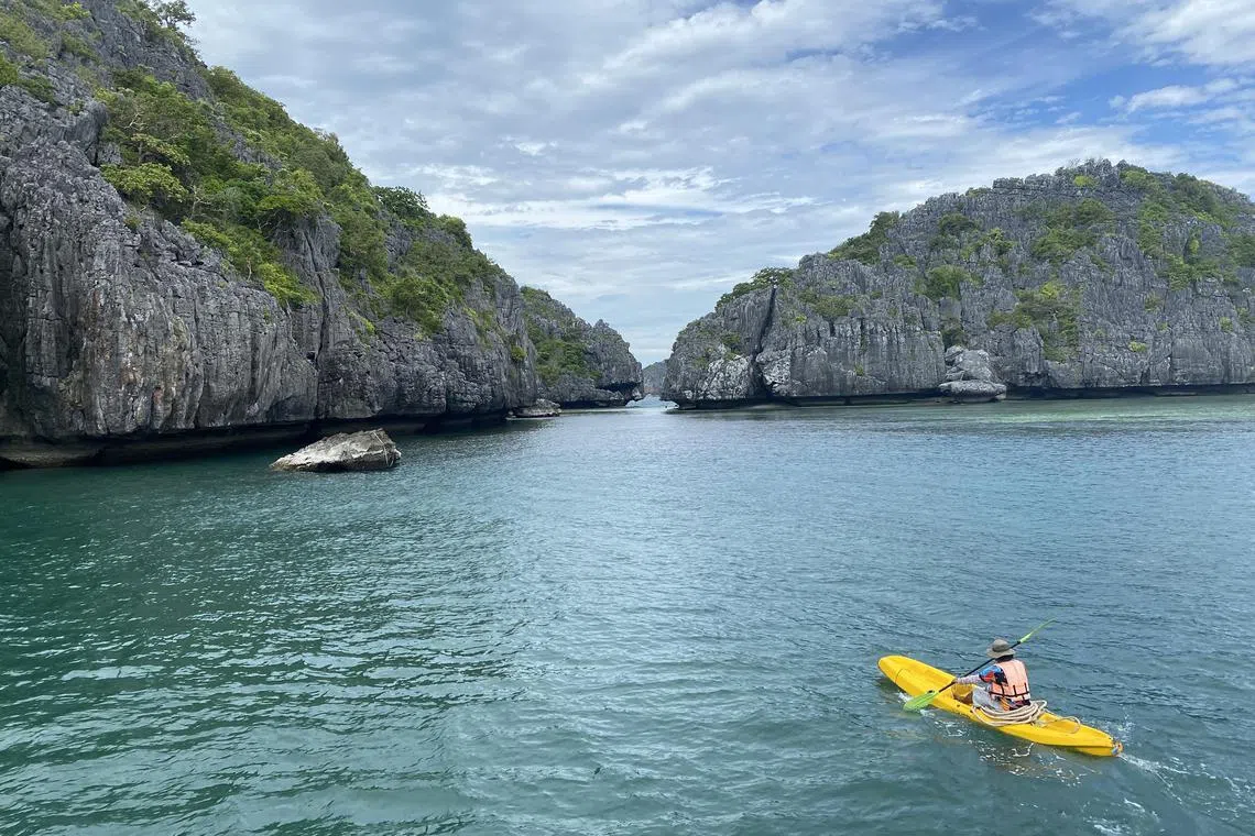 Kayaking in Muko Ang Thong National Marine Park is fun in the calm water and you can explore sea caves. PHOTO: STEPHANIE YEO
