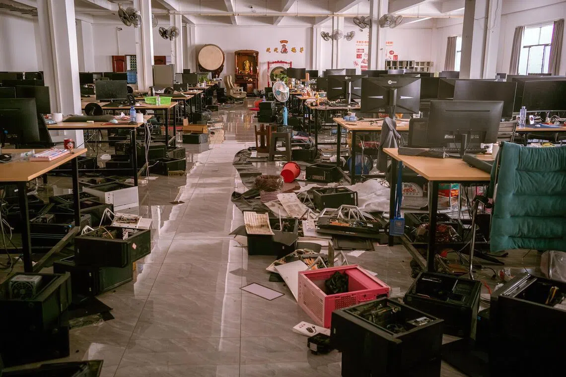 An abandoned scam centre left in shambles after a surge in fighting between the Myanmar military and rebel forces nearby, in a compound in the Shunda Park complex.