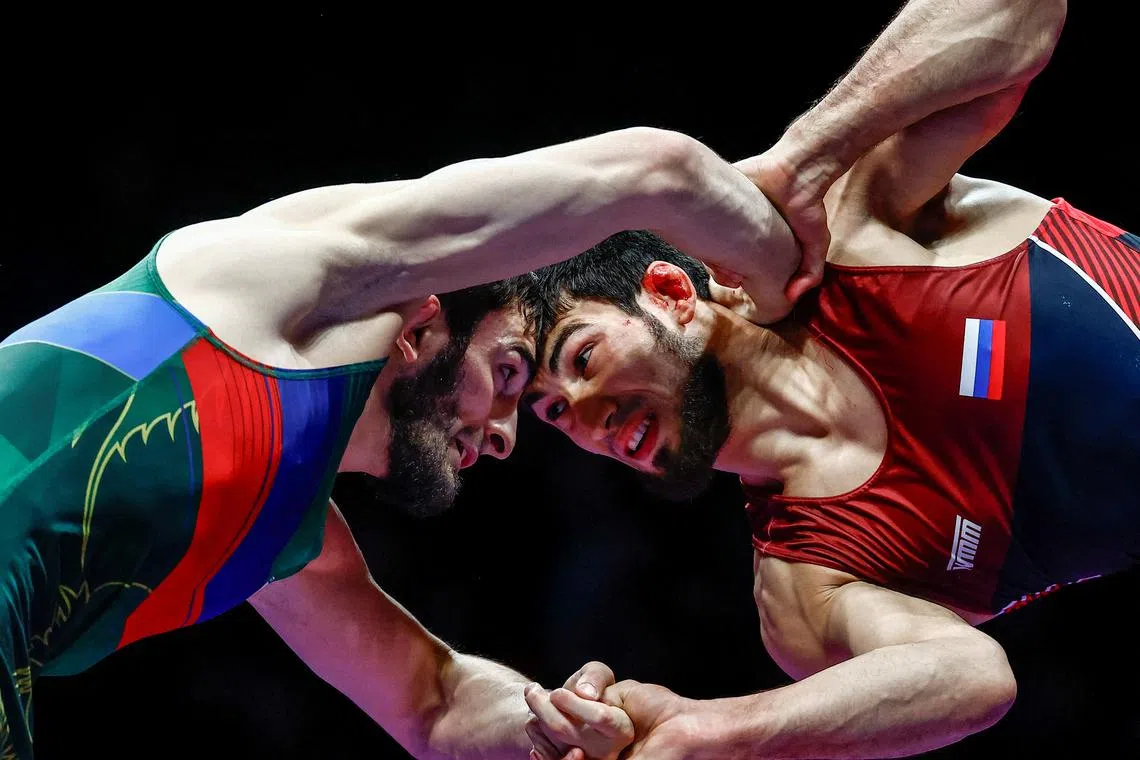 FILE PHOTO: Shamil Mamedov competes against Abasgadzhi Magomedov in the 65kg men's final at the Russian Pre-Olympic Freestyle Wrestling Championship at Live Arena venue outside Moscow, Russia, May 4, 2024. REUTERS/Maxim Shemetov/File Photo