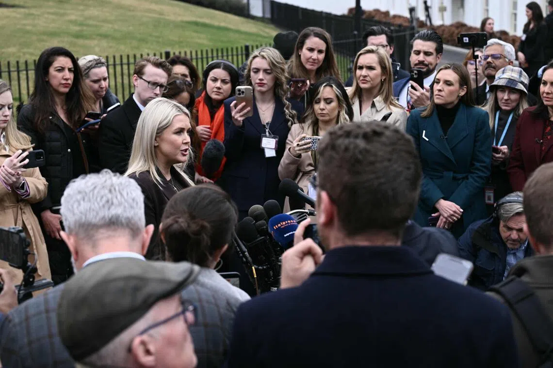 White House press secretary Karoline Leavitt speaking to reporters outside the White House on March 6.