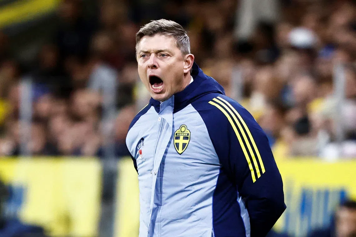 Soccer Football - FIFA World Cup - UEFA Qualifiers - Group B - Sweden v Switzerland - Strawberry Arena, Solna, Sweden - October 10, 2025 Sweden coach Jon Dahl Tomasson reacts  Stefan Jerrevang/TT News Agency via REUTERS     ATTENTION EDITORS - THIS IMAGE WAS PROVIDED BY A THIRD PARTY. SWEDEN OUT. NO COMMERCIAL OR EDITORIAL SALES IN SWEDEN.