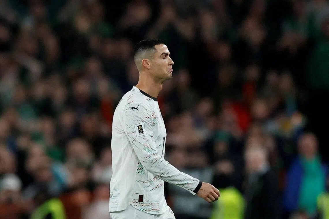 FILE PHOTO: Soccer Football - World Cup - UEFA Qualifiers - Group F - Republic of Ireland v Portugal - Aviva Stadium, Dublin, Ireland - November 13, 2025
Portugal's Cristiano Ronaldo reacts after being shown a red card REUTERS/Clodagh Kilcoyne/File Photo