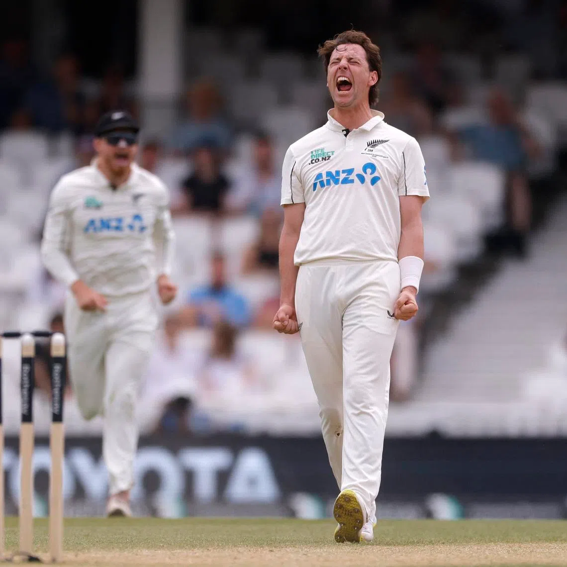 Cricket - England v New Zealand - Second Test - Kia Oval, London, Britain - June 21, 2026 New Zealand's Matt Henry celebrates after taking the wicket of England's Josh Tongue Action Images via Reuters/Andrew Couldridge