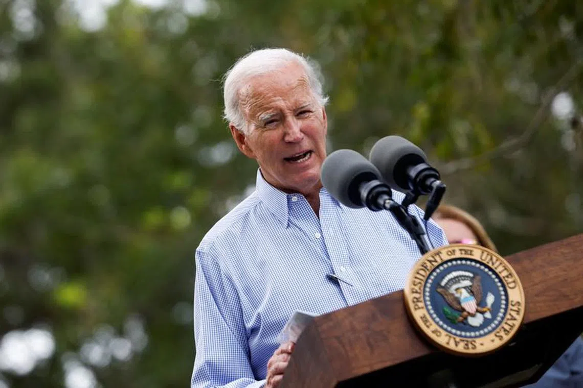 FILE PHOTO: U.S. President Joe Biden speaks during his tour of Hurricane Idalia storm destruction, in Live Oak, Florida, U.S., September 2, 2023.  REUTERS/Evelyn Hockstein