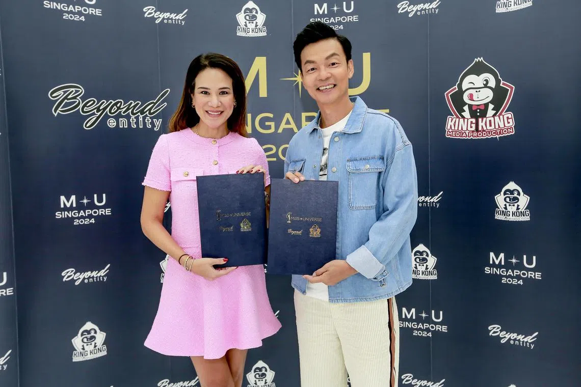 Elaine Daly (left), National Director for Miss Universe Singapore, and Mark Lee, Co-Founder of King Kong Media Production, at the Miss Universe Singapore 2024 launch event.