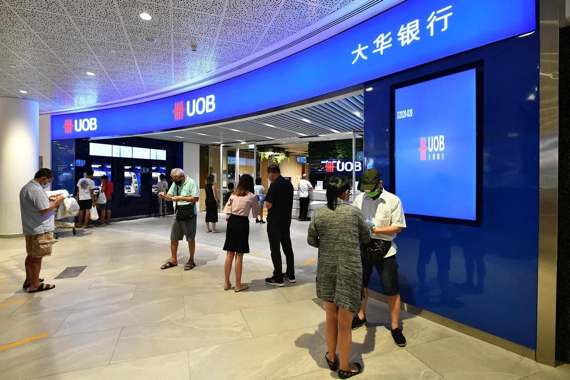 Customers outside UOB Bank at AMK Hub at 11.28am on May 28, 2020.