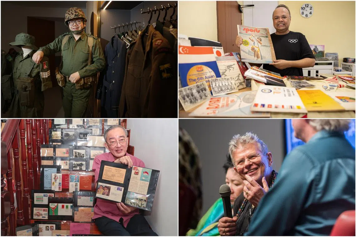 (Clockwise from left) Mr Alvin Lee and Mr Zaher Wahab pose with their collection of Singapore army and sports memorabilia respectively. Mr Ronni Pinsler's private collection of photos has been donated to the National Archives of Singapore. Mr Hong Tuck Kun boasts a stamp collection enough to fill two rooms in his house.