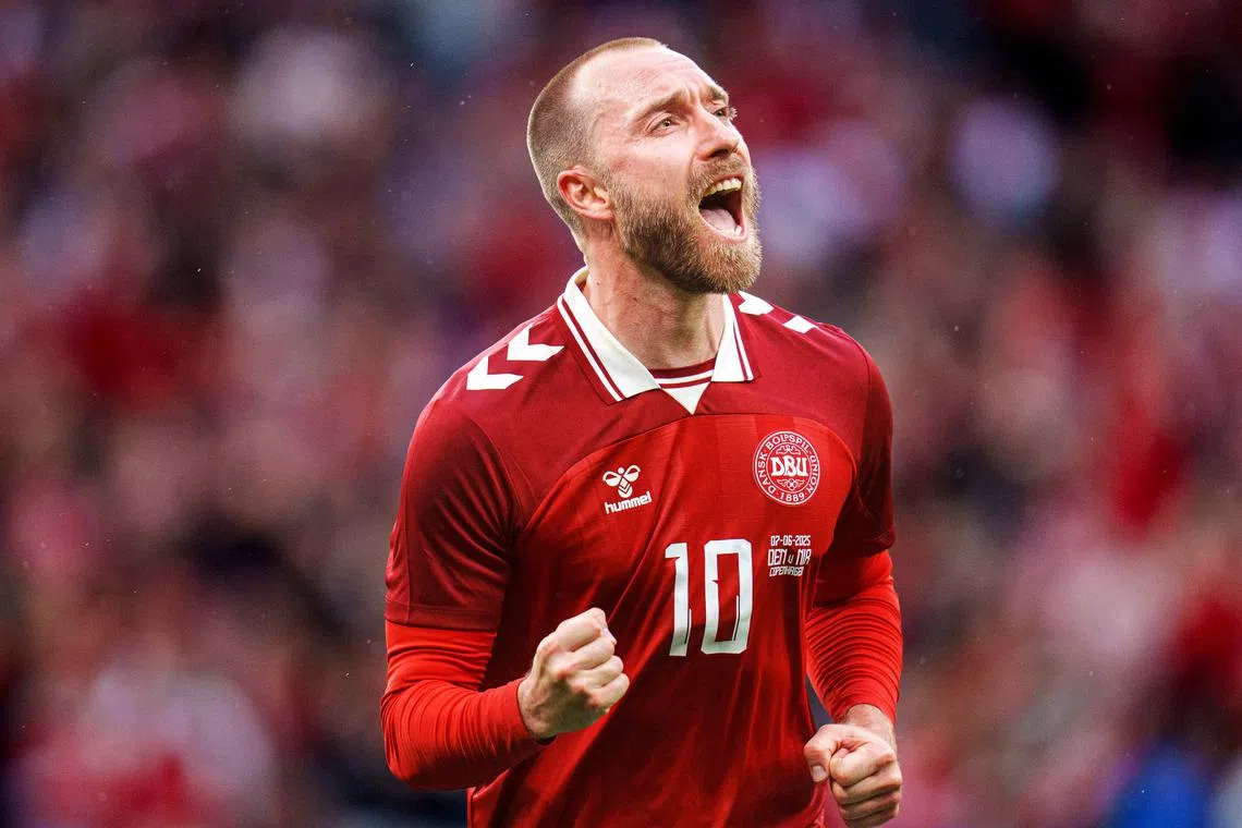 FILE PHOTO: Soccer Football - International Friendly - Denmark v Northern Ireland - Parken, Copenhagen, Denmark - June 7, 2025 Denmark's Christian Eriksen celebrates scoring their second goal Liselotte Sabroe/Ritzau Scanpix via REUTERS/File Photo
