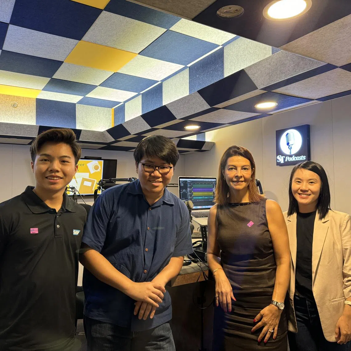 (From left) Mr Choy Zhan Hao, a recent Star alum at SAP, ST Journalist, Tay Hong Yi, Ms Betul Genc, senior vice-president and head of Asean at Adecco and Ms Jean Ooi, Student Training and Rotation (Star) programme manager at SAP in the podcast studio.
