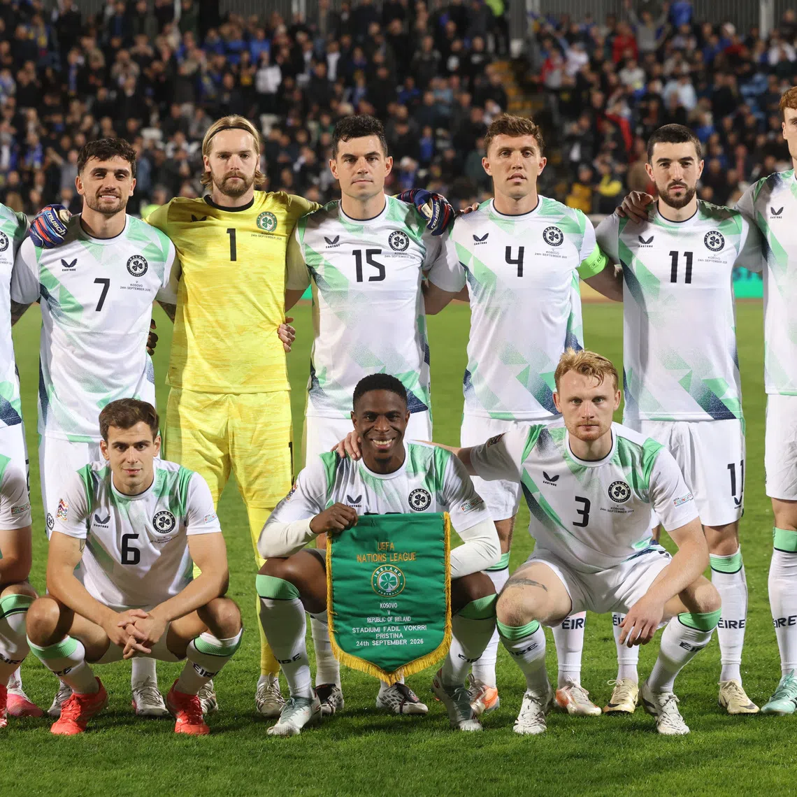 Soccer Football - Nations League - Group G - Kosovo v Republic of Ireland - Stadiumi Fadil Vokrri, Pristina, Kosovo - September 24, 2026 Republic of Ireland players pose for a team group photo before the match REUTERS/Valdrin Xhemaj