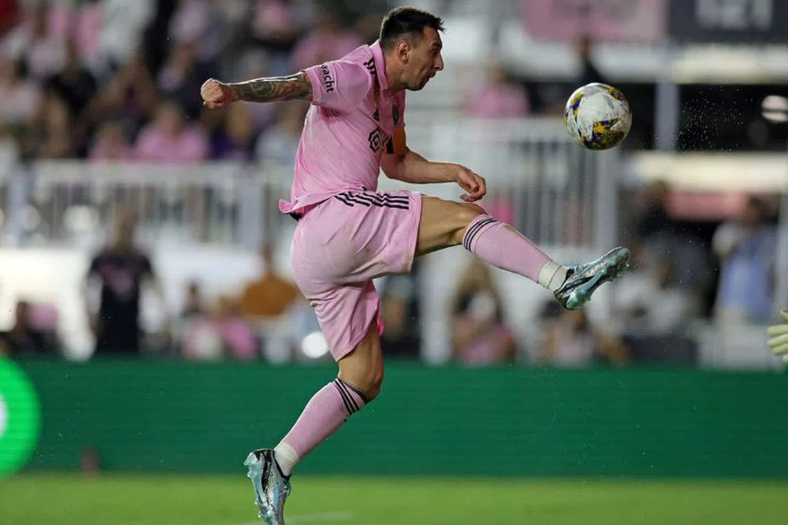 Sep 20, 2023; Fort Lauderdale, Florida, USA; Inter Miami forward Lionel Messi (10) kicks the ball against the Toronto FC during the first half at DRV PNK Stadium. Mandatory Credit: Sam Navarro-USA TODAY Sports