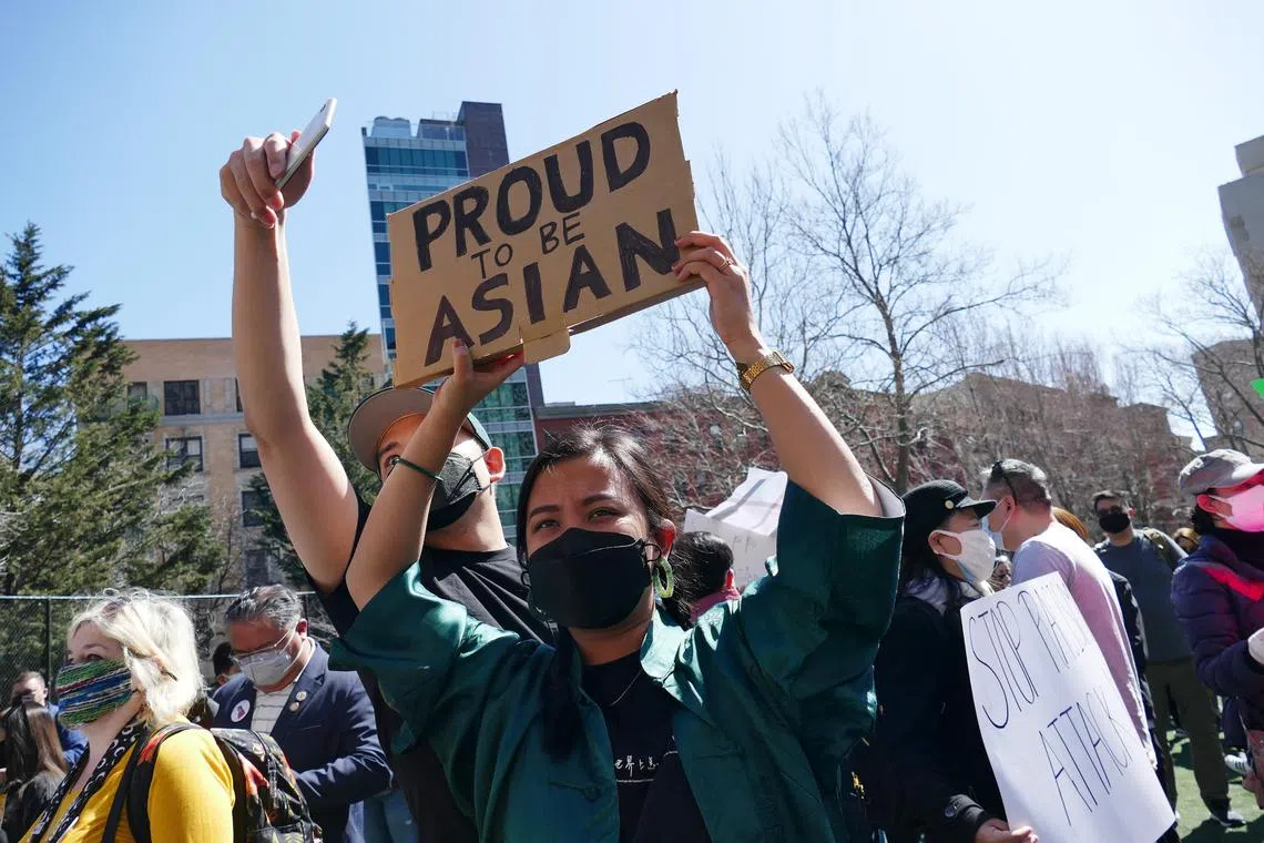 Anti-Asian hate protest at Chinatown, Manhattan, New York, March 21, 2021.