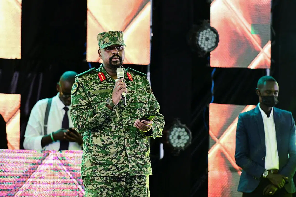 FILE PHOTO: Lt. General Muhoozi Kainerugaba, the son of Uganda's President Yoweri Museveni, who leads the Ugandan army's land forces, speaks during his birthday party in Entebbe, Uganda May 7, 2022. REUTERS/Abubaker Lubowa/File Photo