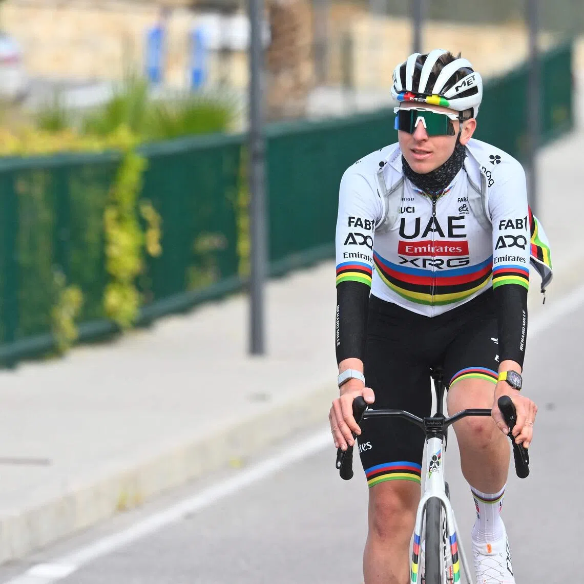 UAE Team Emirates-XRG's Slovenian rider Tadej Pogacar arriving at the hotel following a training session in Benidorm, eastern Spain, on Dec 13, 2025.